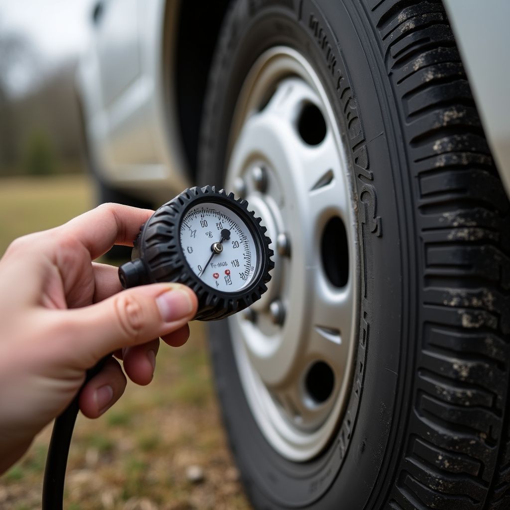Hand holding a tire pressure gauge next to a car tire.