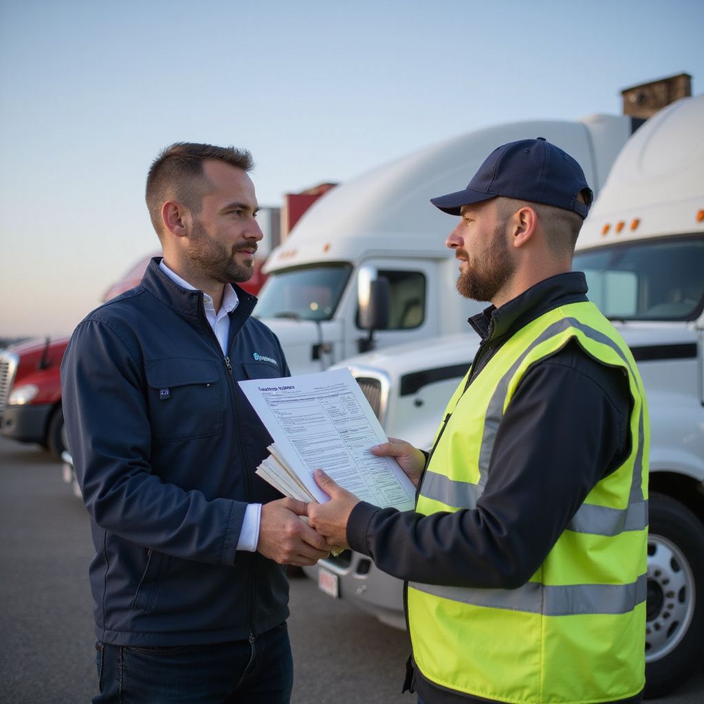 Man in a jacket hands paperwork to a man in a vest and cap near trucks; outdoor setting.