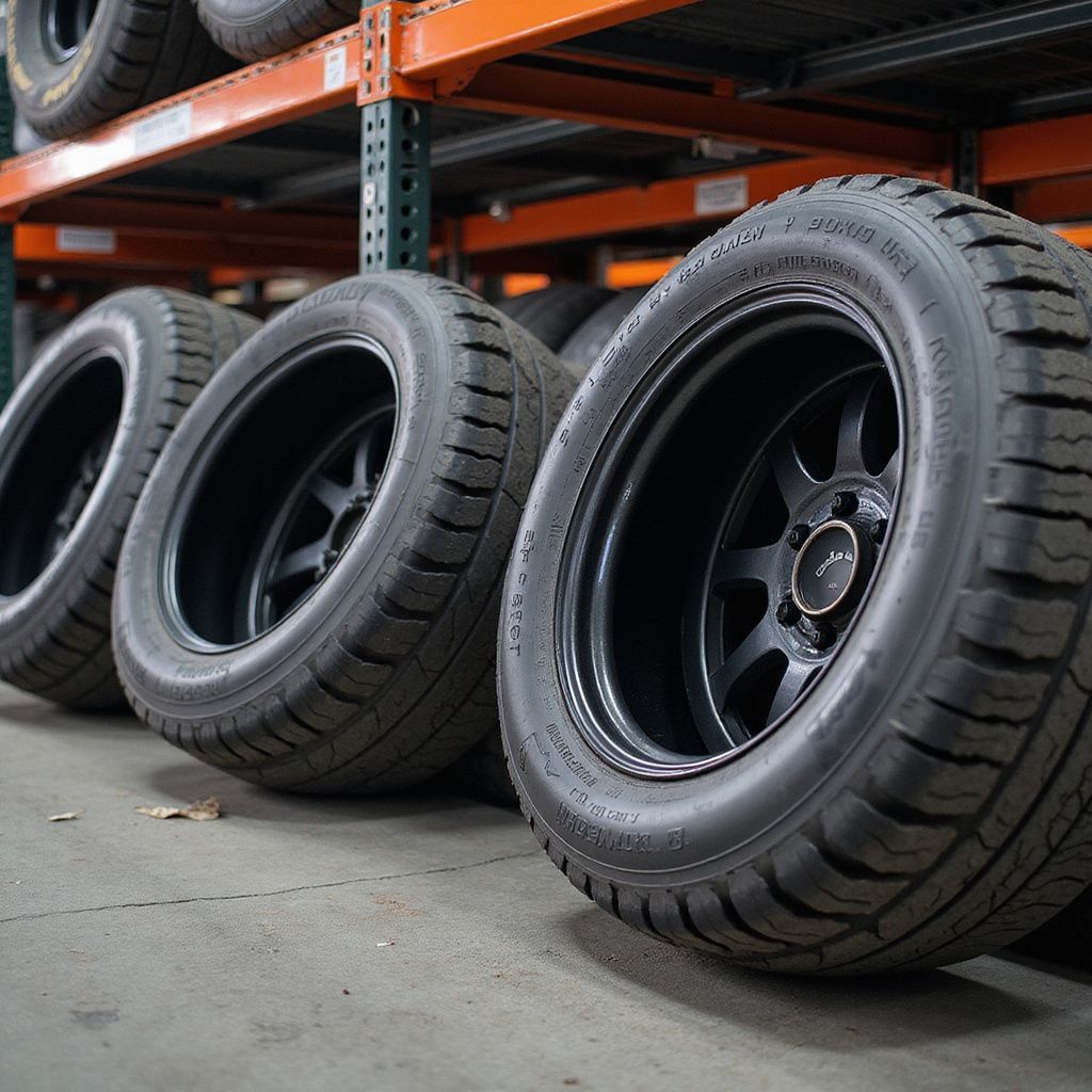 Black tires with black rims in an industrial warehouse setting, leaning against a shelf.