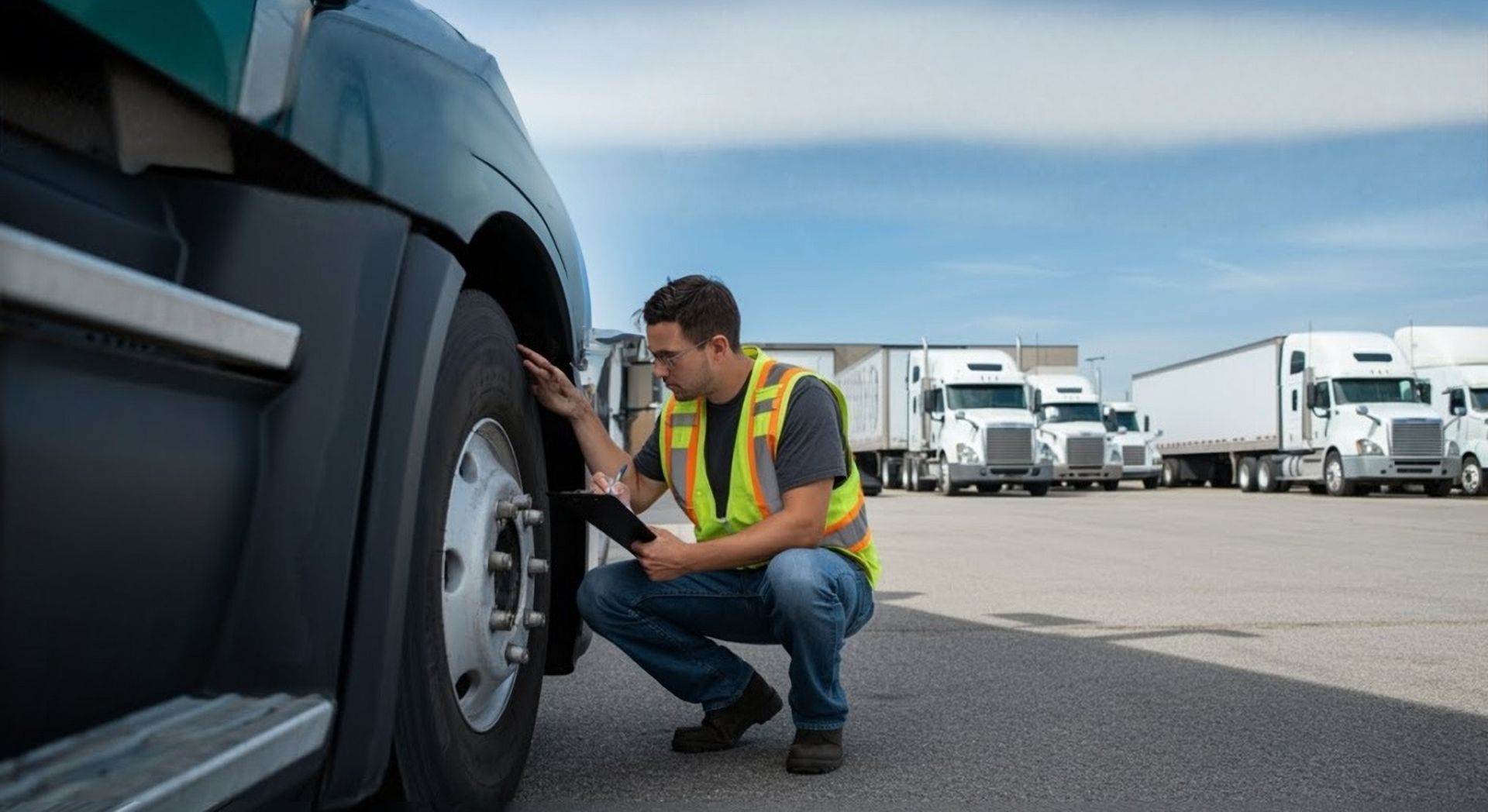 Four black car tires lined up, showing tread patterns.