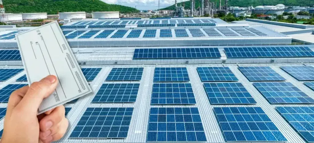 A person is holding a check in front of a roof with solar panels.