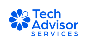 The logo for tech advisor services has a blue flower on it.
