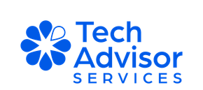 The logo for tech advisor services has a blue flower on it.