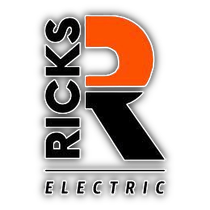 Logo for Rick's Electric featuring a large, stylized letter R in orange and black, with the company name written below.