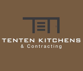 Logo for Tenten Kitchens & Contracting: dark brown background with gray text and a minimalist icon resembling a kitchen layout.