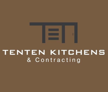Logo for Tenten Kitchens & Contracting: dark brown background, gray geometric icon above the text.