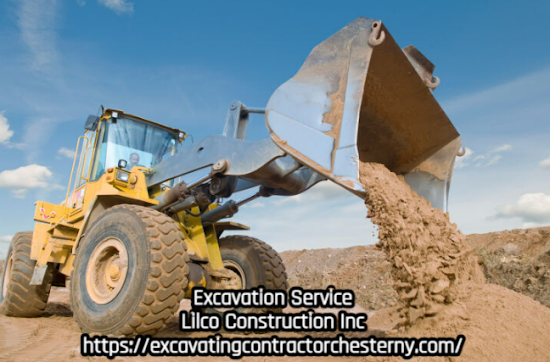 Yellow excavator dumping dirt outdoors under a blue sky.