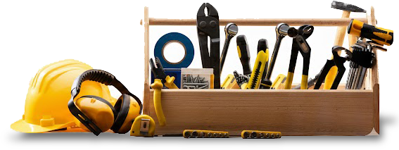 Yellow hard hat, ear protection, and toolbox filled with tools on a white background.