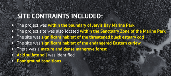 List of site constraints written in yellow on top of a black and white aerial image of the mangrove forest