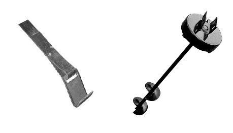 A black and white photo of a lawn mower and a drill on a white background.