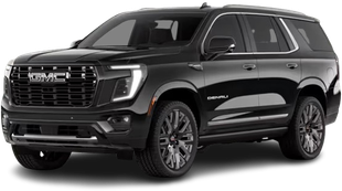 Black GMC Yukon SUV, front view, outdoors.