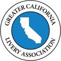 Greater California Livery Association logo: white outline of California on blue circle, surrounded by text.