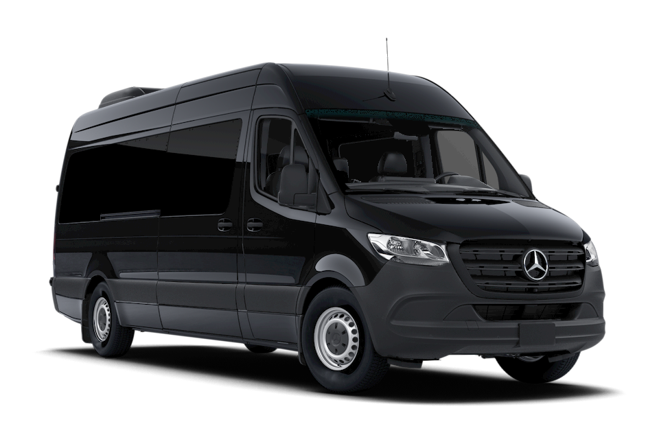 Black Mercedes-Benz Sprinter van, parked, angled view.