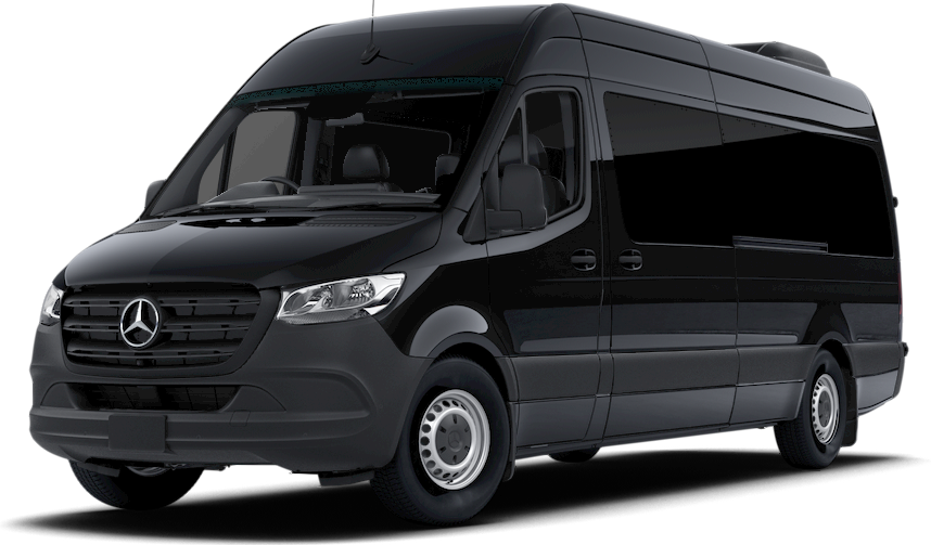 Black Mercedes-Benz Sprinter van, parked on a surface. Front view.