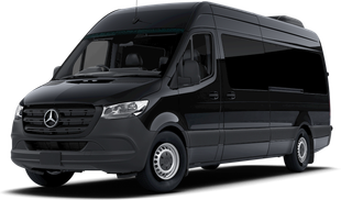 Black Mercedes-Benz Sprinter van, parked on a surface. Front view.
