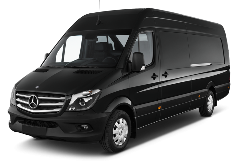 Black Mercedes-Benz Sprinter van, parked on a surface. Front view.