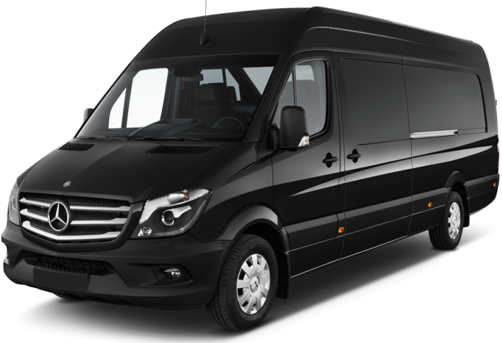 Black Mercedes-Benz Sprinter van, parked on a surface. Front view.