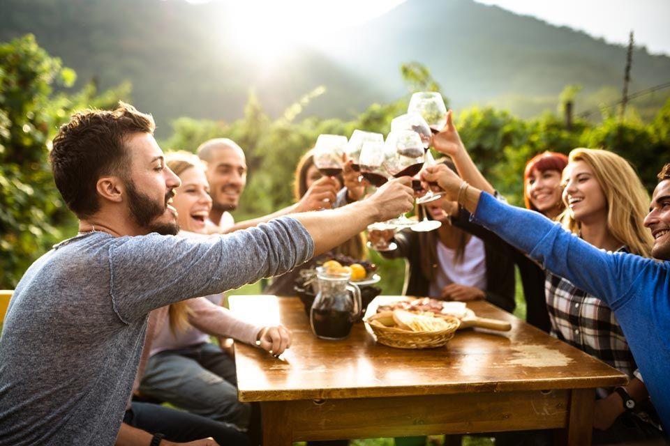 Group of people toasting with wine glasses outdoors, smiling and laughing.
