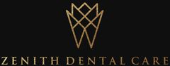 A zenith dental care logo with a gold tooth on a black background