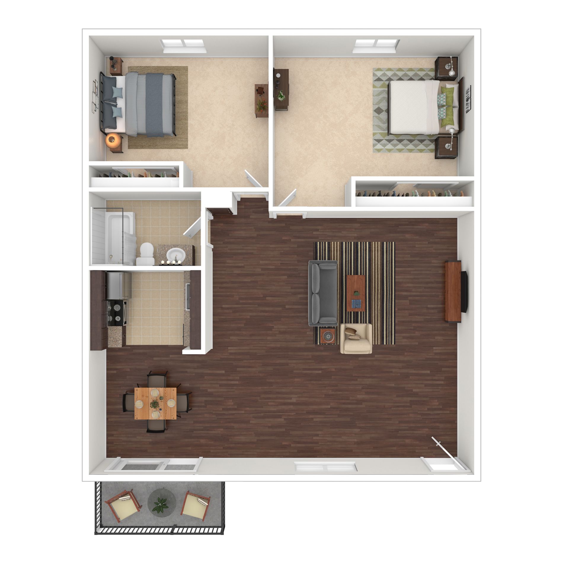 Floor plan of a two-bedroom apartment with living room, dining area, kitchen, and balcony.