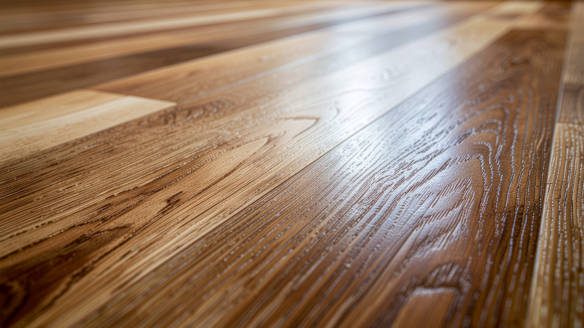 A close-up, angled view of polished hardwood flooring featuring warm brown tones and distinct wood grain patterns.