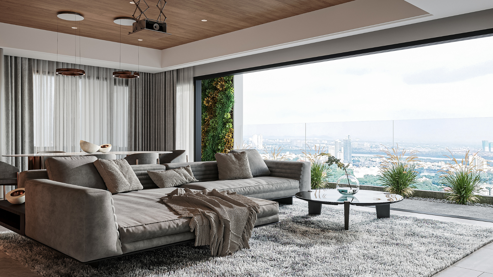 A modern living room with gray sofas, a shaggy rug, and a wide glass wall overlooking a sprawling city view.