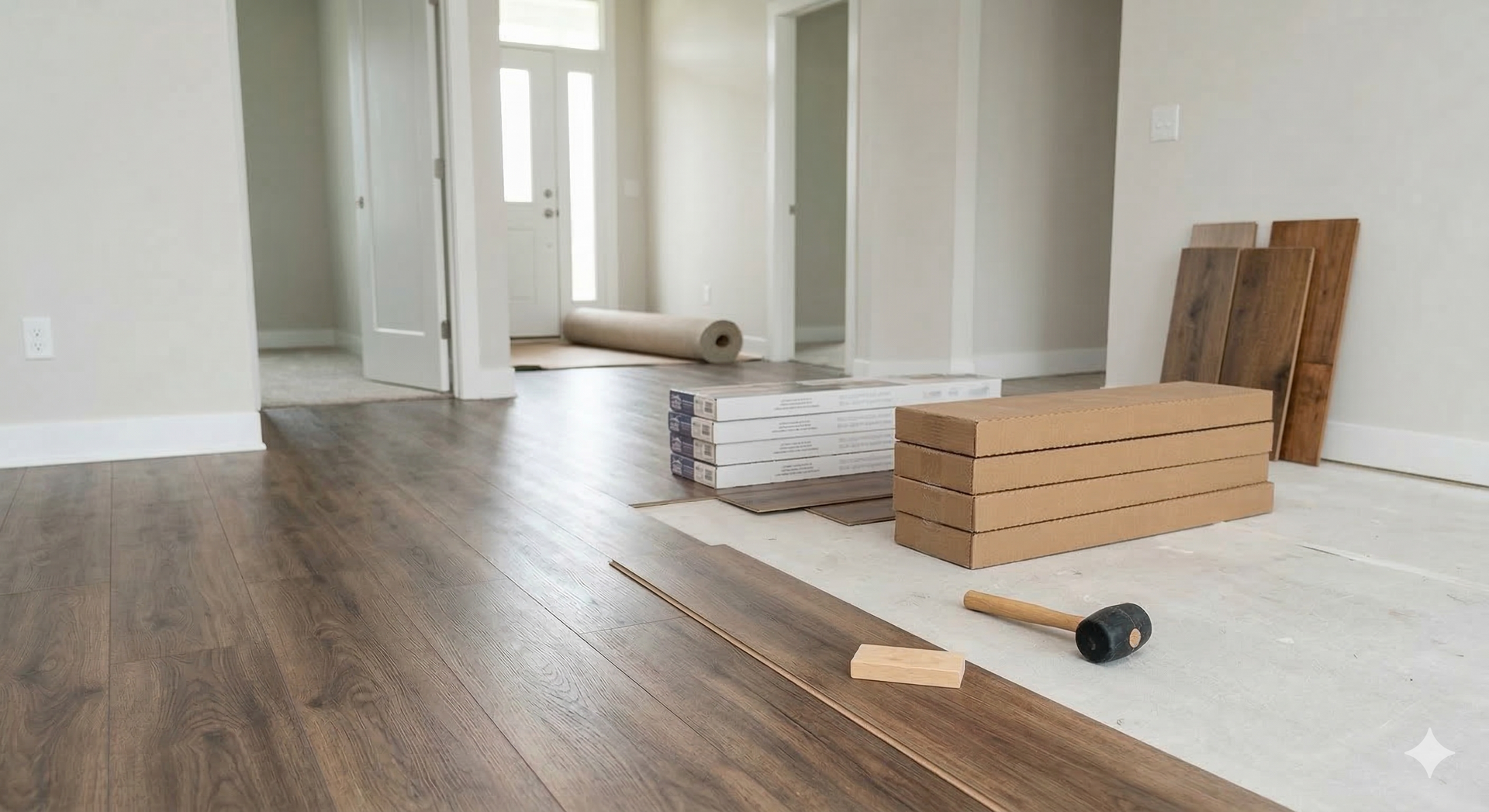 Wooden floor planks being installed in a room, with boxes of flooring, tools, and an underlayment layer visible.