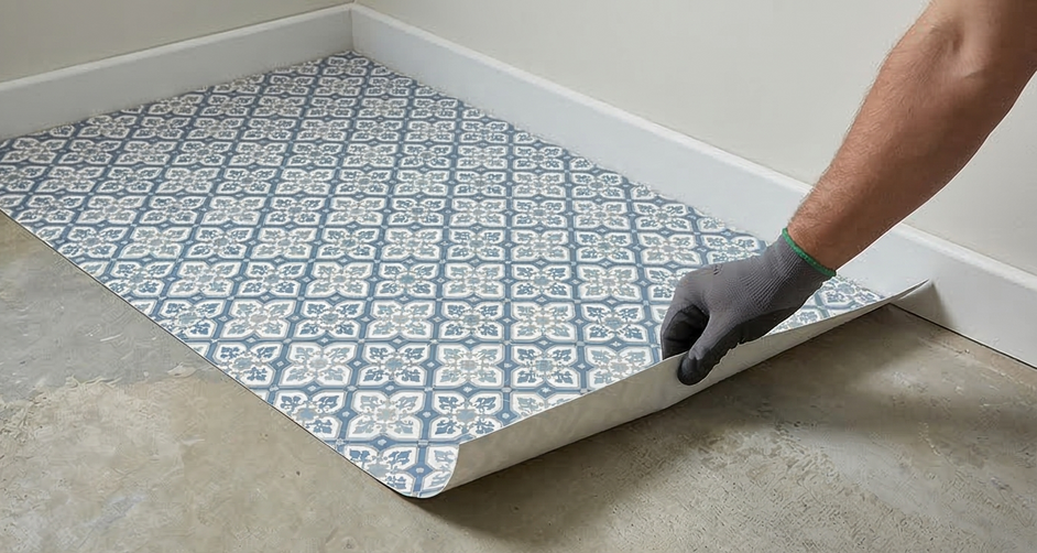 Person wearing a gray glove, laying patterned flooring against a white baseboard in a room.