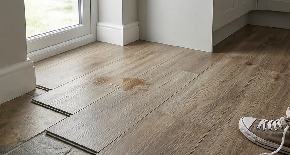 Wooden flooring being installed near a window and wall; showing a person’s foot wearing a sneaker.