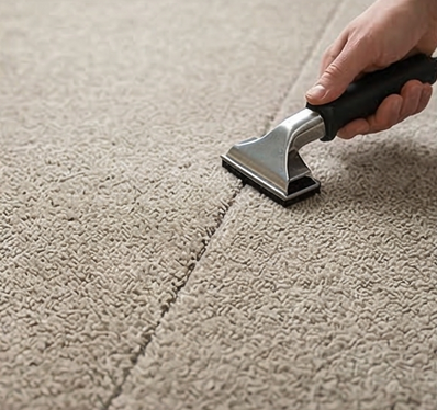 A hand uses a carpet seaming iron to join two sections of beige, textured carpet together.