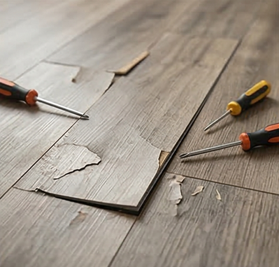 Damaged wood-look laminate flooring with three screwdrivers placed nearby on the floor.