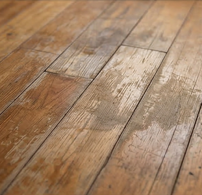 A close-up of weathered, light brown wooden floorboards with visible grain, knots, and signs of wear.