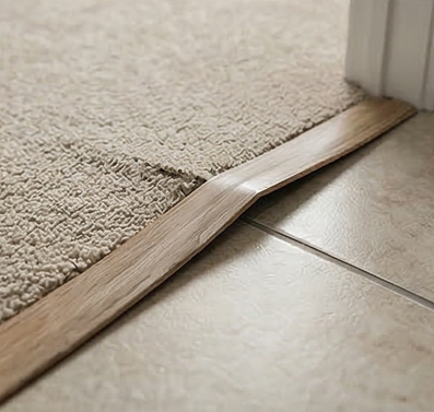A wooden transition strip connecting beige carpet to a tiled floor in a doorway.