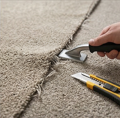A hand uses a carpet tucking tool to press beige carpet against a wall, with a utility knife resting on the floor nearby.