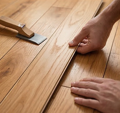 Close-up of hands installing wood-look floor planks with a tool nearby on the surface.