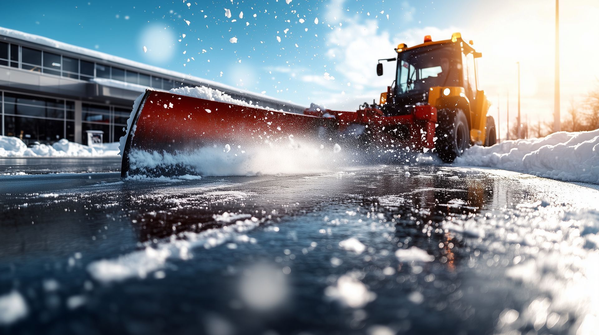 Snowplow clearing snow from a wet, icy road with a building in the background.