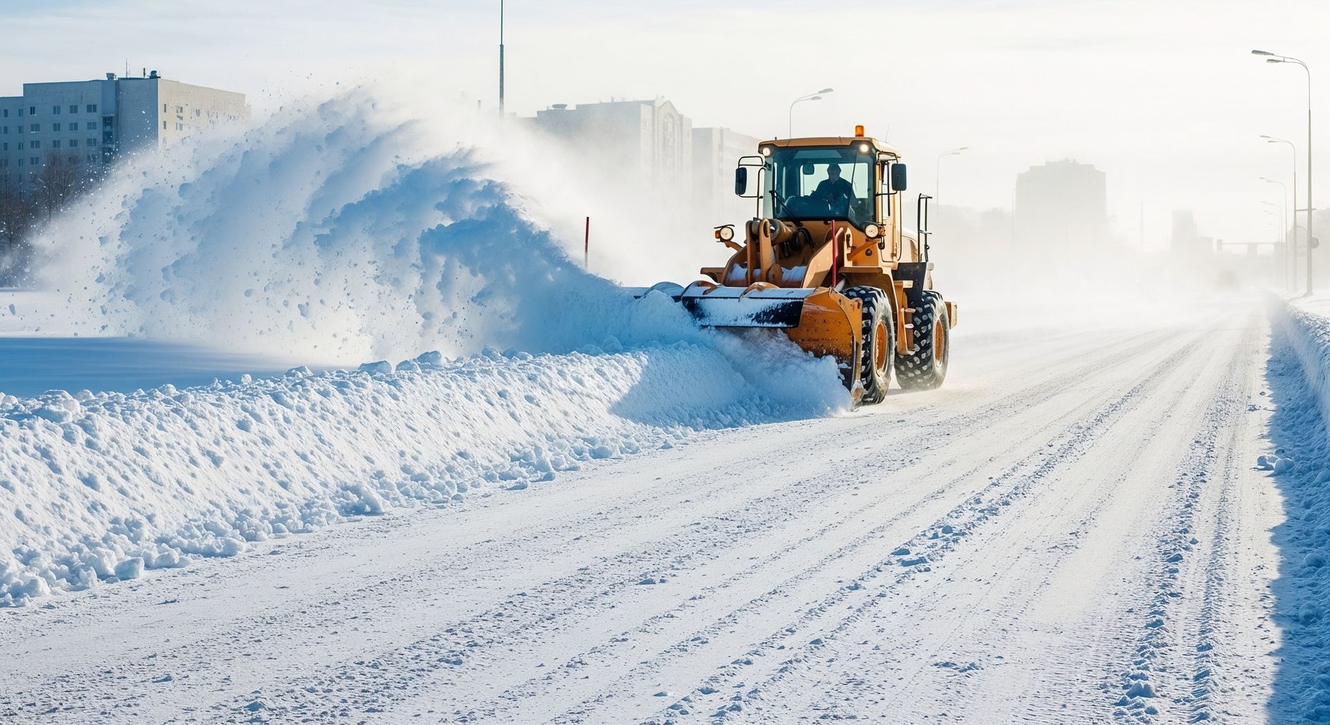 Snowplow clearing a snow-covered road; a large wave of snow is being pushed to the side.