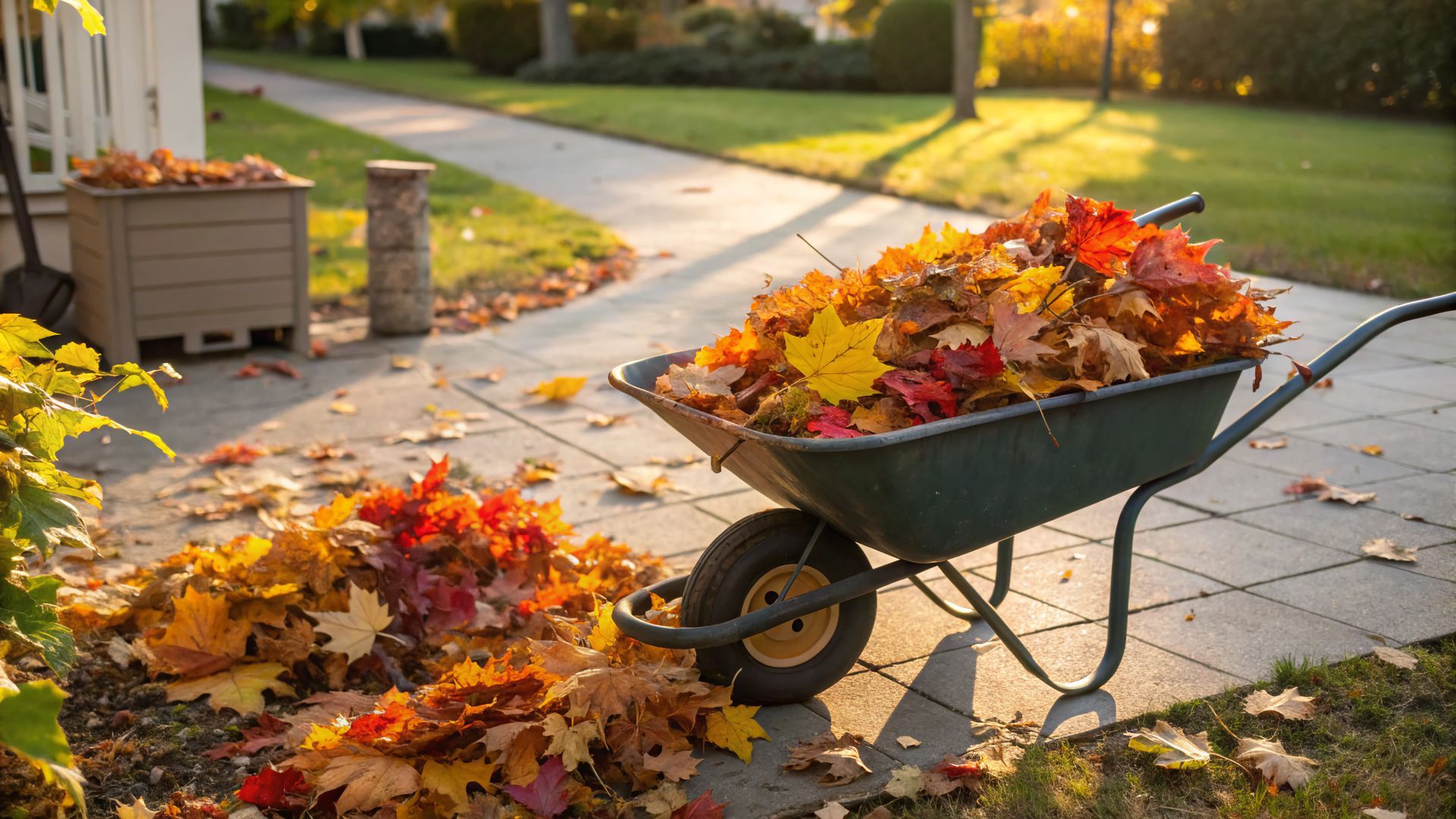 Wheelbarrow overflowing with colorful autumn leaves on a paved walkway.