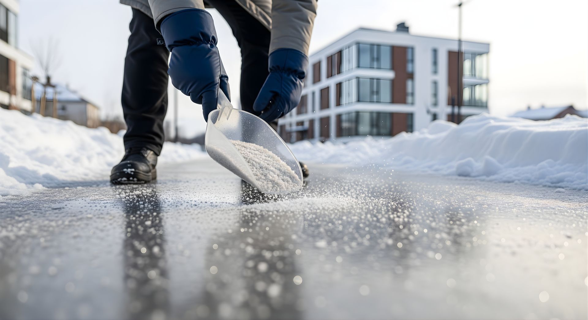 Person applying ice melt to a slippery sidewalk near buildings.