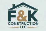 Logo for F&K Construction LLC, featuring bold dark teal letters, a tan ampersand, and a house roof outline above.