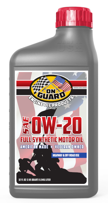 Gray bottle of On Guard 0W-20 full synthetic motor oil with red cap and label