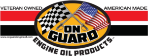 On Guard Engine Oil Products logo with checkered flag and U.S. flag, &ldquo;Veteran Owned&rdquo; and &ldquo;American Made&rdquo; text