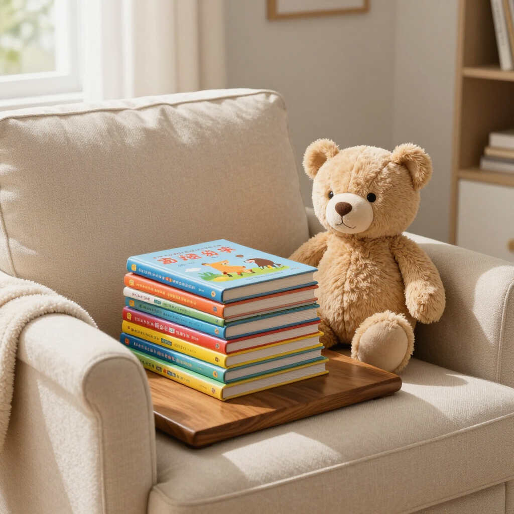 A teddy bear beside a stack of colorful books on a tray on a beige armchair