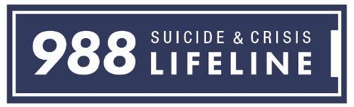 The 988 Suicide & Crisis Lifeline logo: white text on a dark blue rectangular background.
