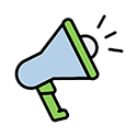 A blue megaphone with a green handle and trim, depicted with sound lines radiating from its front.