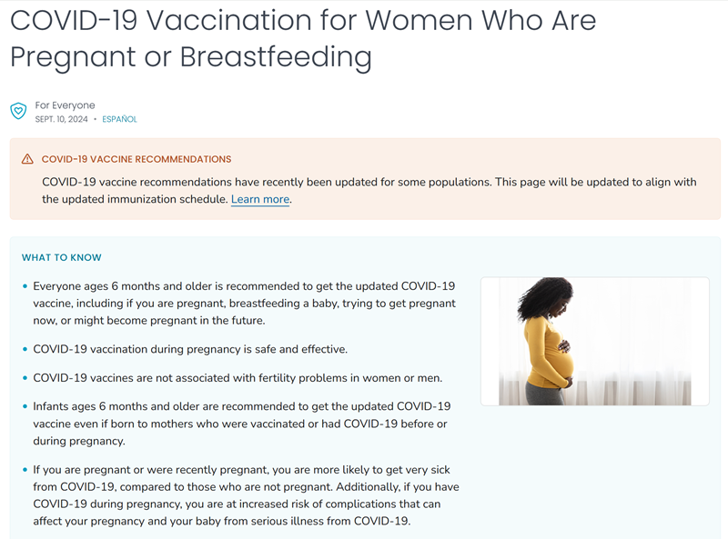 COVID-19 vaccination guidance page with pregnant woman silhouette illustration