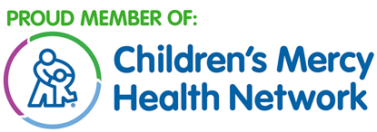 Logo for Children's Mercy Health Network showing a line-art icon of one person helping another inside a circular border.