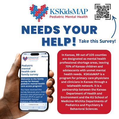 KSKidsMAP poster: “Needs Your Help!” survey with QR code and child mental health info in Kansas