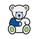 A white teddy bear with green ear and foot accents, wearing a dark blue arm sling on its left arm.