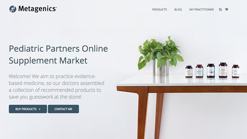 Metagenics website landing page for Pediatric Partners featuring supplement bottles on a table.